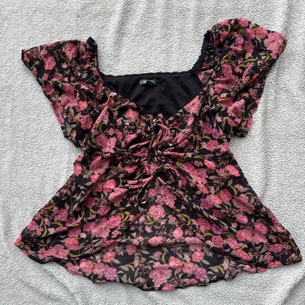 wild fable Black Floral Tie-Front Blouse with Pink Roses